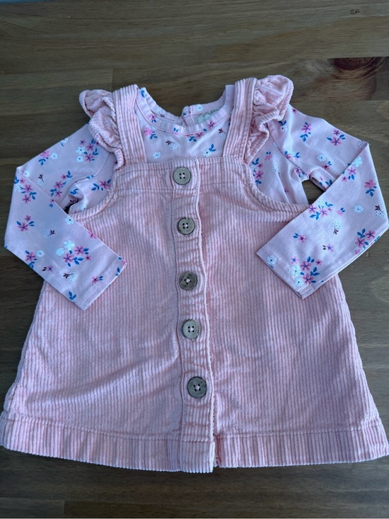 btween Other - Pink Corduroy Button-Front Pinafore Dress with Floral Long-Sleeve Top 12/18M